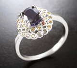 Серебряное кольцо с насыщенно-синим и разноцветными сапфирами бриллиантовой огранки