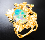 Массивное золотое кольцо с крупным ограненным эфиопским опалом 4,49 карата, красными и желтыми сапфирами, цаворитами и бриллиантами