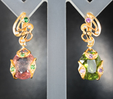 Золотые серьги с разноцветными турмалинами 8,8 карата, розовыми сапфирами, цаворитами и бриллиантами