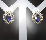 Серебряные серьги с насыщенно-синими и разноцветными сапфирами бриллиантовой огранки