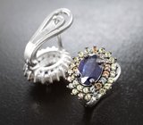 Серебряные серьги с насыщенно-синими и разноцветными сапфирами бриллиантовой огранки
