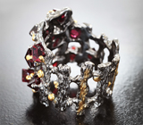 Кольцо с кристаллами рубиновой шпинели 6,35 и разноцветными сапфирами Серебро 925