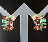 Серьги с гранатами со сменой цвета 4,71 карата, уральскими изумрудами и сапфирами