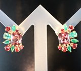 Серьги с гранатами со сменой цвета 4,71 карата, уральскими изумрудами и сапфирами