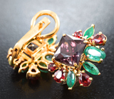 Серьги с гранатами со сменой цвета 4,71 карата, уральскими изумрудами и сапфирами Золото