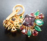 Серьги с гранатами со сменой цвета 4,71 карата, уральскими изумрудами и сапфирами