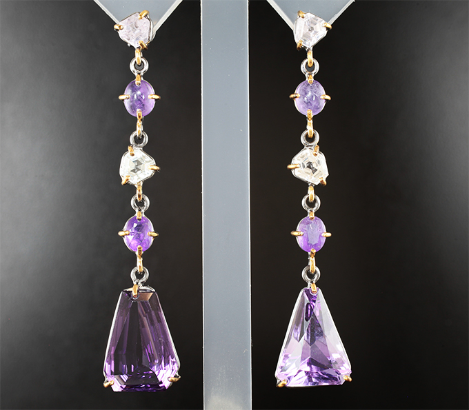 Серьги с аметистами авторской огранки 13,72 карата, хакманитами и сапфирами авторской огранки