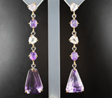 Серьги с аметистами авторской огранки 13,72 карата, хакманитами и сапфирами авторской огранки Серебро 925