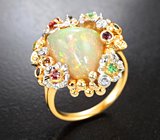 Массивное золотое кольцо с роскошным кристаллическим эфиопским опалом 4,7 карата, сапфирами, цаворитами и бриллиантами