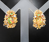 Массивные золотые серьги с кристаллическими эфиопскими опалами 2,6 карата, разноцветными сапфирами, цаворитами и бриллиантами Золото