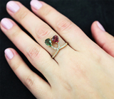 Золотое кольцо с яркими "неоновыми" турмалинами 1,63 карата и лейкосапфирами Золото