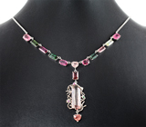 Колье с разноцветными турмалинами 22,62 карата , шпинелями, розовыми сапфирами и цаворитом гранатом Серебро 925