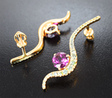 Крупные золотые серьги с чистейшими родолитами 2,17 карата и платиново-зелеными сапфирами