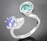 Кольцо с голубовато-зеленым муассанитом 1,3 карата и танзанитом 1,2 карата Серебро 925