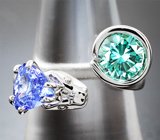 Кольцо с голубовато-зеленым муассанитом 1,3 карата и танзанитом 1,2 карата
