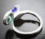Кольцо с голубовато-зеленым муассанитом 1,3 карата и танзанитом 1,2 карата Серебро 925