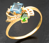 Золотое кольцо с редким индиголитом турмалином 0,72 карата, диопсидом и лейкосапфирами Золото