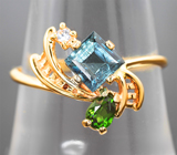 Золотое кольцо с редким индиголитом турмалином 0,72 карата, диопсидом и лейкосапфирами Золото