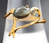 Золотое кольцо с уральским хризобериллом с эффектом кошачьего глаза 1,48 карата и чистейшим александритом Золото