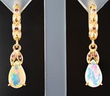 Золото серьги с яркими ограненными эфиопскими опалами 1,84 карата и родолитами гранатами