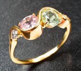 Золотое кольцо с разноцветнымии турмалинами 1,7 карата и бесцветными цирконами