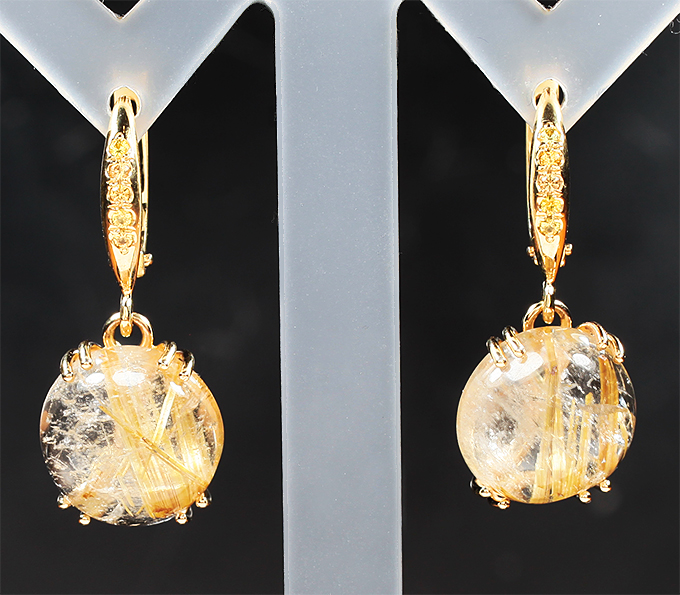 Золотые серьги с красивейшим рутиловым кварцем 13,46 карата и желтыми сапфирами