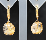 Золотые серьги с красивейшим рутиловым кварцем 13,46 карата и желтыми сапфирами Золото