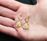 Золотые серьги с красивейшим рутиловым кварцем 13,46 карата и желтыми сапфирами