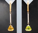 Золотые серьги с желтым и зеленым сфенами 6,38 карата и бриллиантами Золото