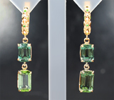 Крупные золотые серьги с чистейшими «неоновыми» апатитами 9,39 карата и цаворитами