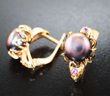 Золотые серьги с титановым жемчугом 6,43 карата и лавандовыми сапфирами Золото