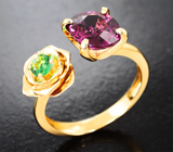 Золотое кольцо с чистейшим родолитом 2,31 карата и «неоновым» цаворитом Золото