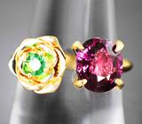 Золотое кольцо с чистейшим родолитом 2,31 карата и «неоновым» цаворитом Золото