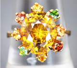 Золотое кольцо с роскошным золотисто-желтым сфеном 4,98 карата, цаворитами, желтыми и оранжевыми сапфирами