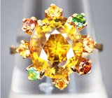 Золотое кольцо с роскошным золотисто-желтым сфеном 4,98 карата, цаворитами, желтыми и оранжевыми сапфирами Золото