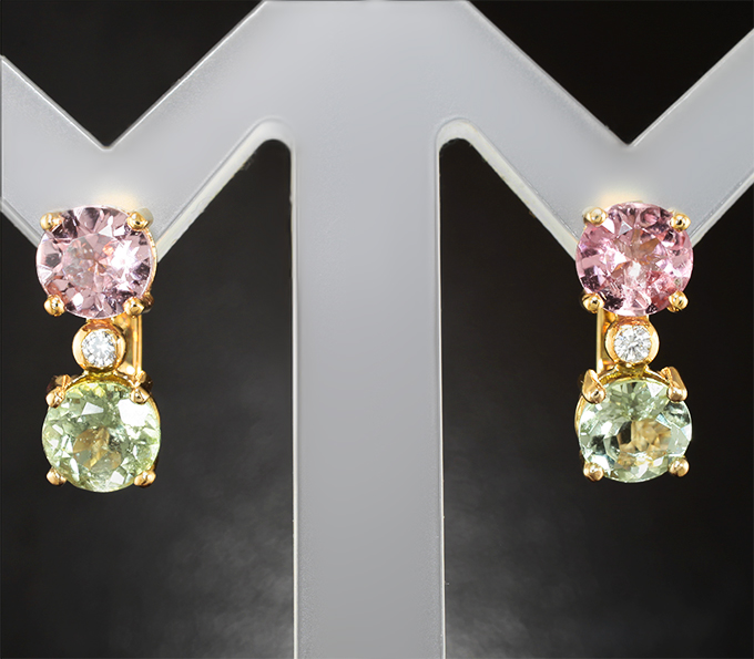 Золотые серьги с разноцветными турмалинами 2,54 карата и бесцветными цирконами