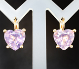Крупные золотые серьги с лавандовыми аметистами в огранке "сердце" 12,94 карата и бриллиантами