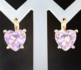 Крупные золотые серьги с лавандовыми аметистами в огранке "сердце" 12,94 карата и бриллиантами