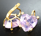Крупные золотые серьги с лавандовыми аметистами в огранке "сердце" 12,94 карата и бриллиантами Золото