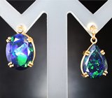 Золотые ассиметричные серьги с крупными ограненными черными опалами 6,86 и бриллиантами Золото