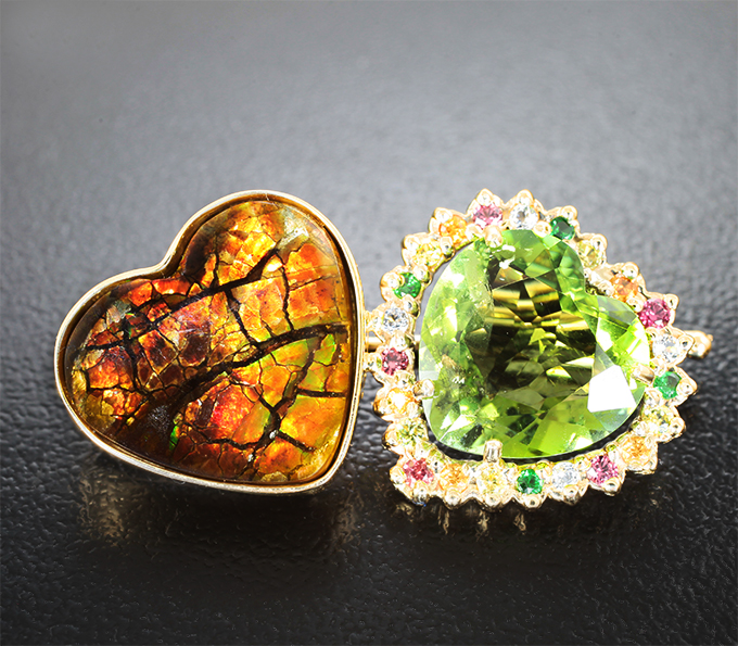Золотая брошь с аммолитом, турмалином open color grade, разноцветными сапфирами и цаворитами