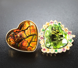 Золотая брошь с аммолитом, турмалином open color grade, разноцветными сапфирами и цаворитами