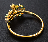 Золотое кольцо с яркими "неоновыми" уральскими изумрудами 0,2 карата и лейкосапфирами