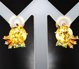 Золотые серьги с золотистыми гелиодорами 6,55 карата, уральским демантоидами гранатами и бриллиантами Золото