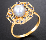 Золотое кольцо с морской жемчужиной яркого люстра 2,33 карата и чистейшими иолитами