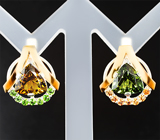 Серьги из золота и серебра с яркими турмалинами 4,38 карата, диопсидами и сапфирами