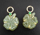 Золотые подвесы для серег с резным нефритом 15,87 карата и цаворитами Золото