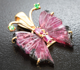 Золотой кулон с резными полихромными турмалинами 3,93 карата, цаворитами и рубинами