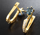 Золотые серьги с пронзительно-синими шпинелями высокой чистоты 1,2 карата и бриллиантами