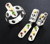 Авторский комплект «Конструктор» из серебра и золота с цаворитами и пиропами гранатами 